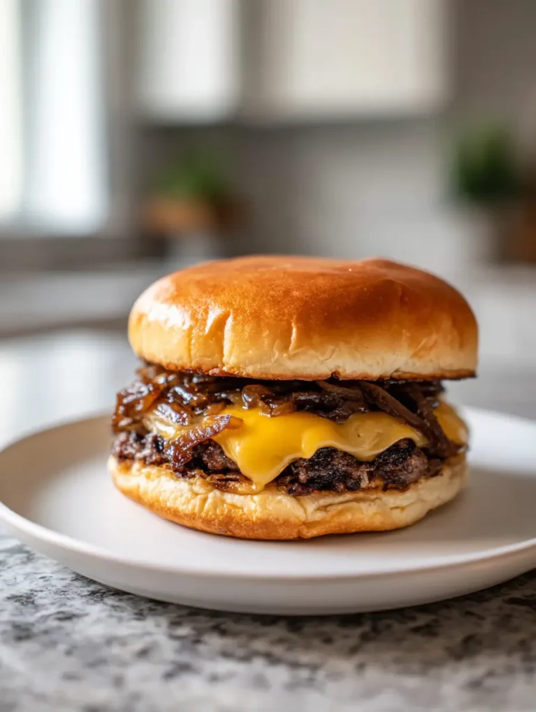 Oklahoma Onion Smash Burger: The Secret to Crispy Lacy Edges 1 Top-down view of a smashed burger patty with translucent yellow onions embedded into the charred meat.