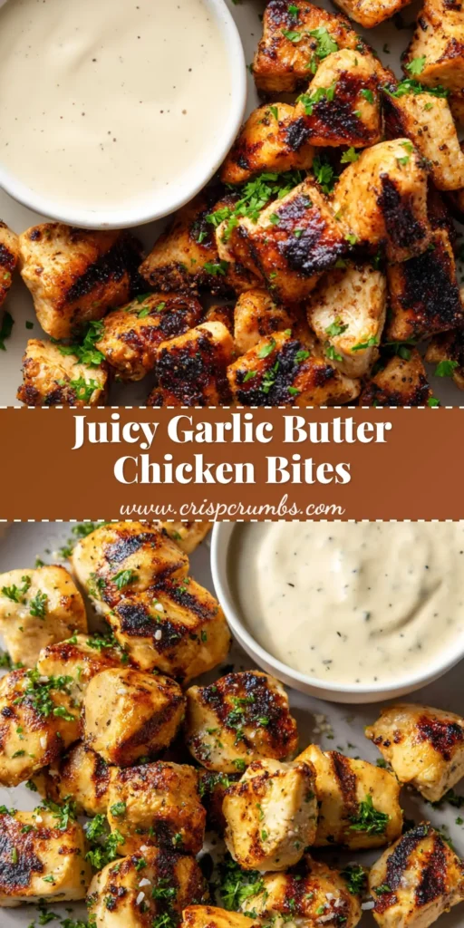 Juicy, charred Grilled Chicken Bites served on a matte plate with a side of creamy garlic sauce and fresh parsley garnish.