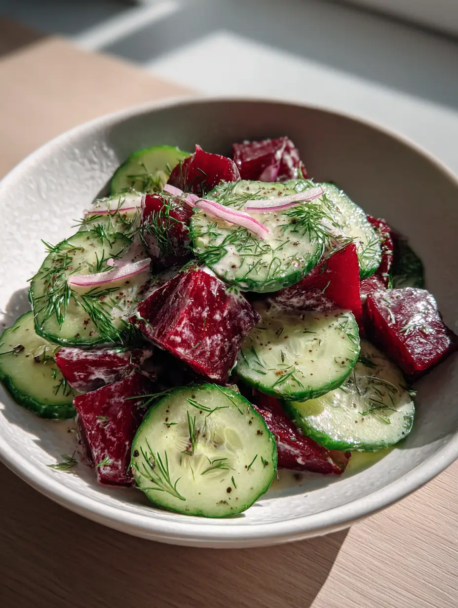 Top-down handheld photo of a Cucumber Beetroot Salad with crimson beets and green cucumber rounds in a white bowl. (Cucumber Beetroot Salad)