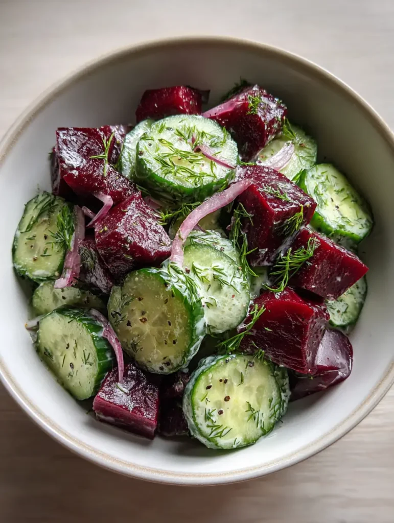 Close up of roasted beet cubes and cucumber slices with visible dill flakes and black pepper. (Cucumber Beetroot Salad)