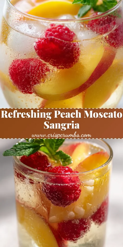 A tall glass of Peach Moscato Sangria with sliced yellow peaches, whole raspberries, and mint. (Peach Moscato Sangria)