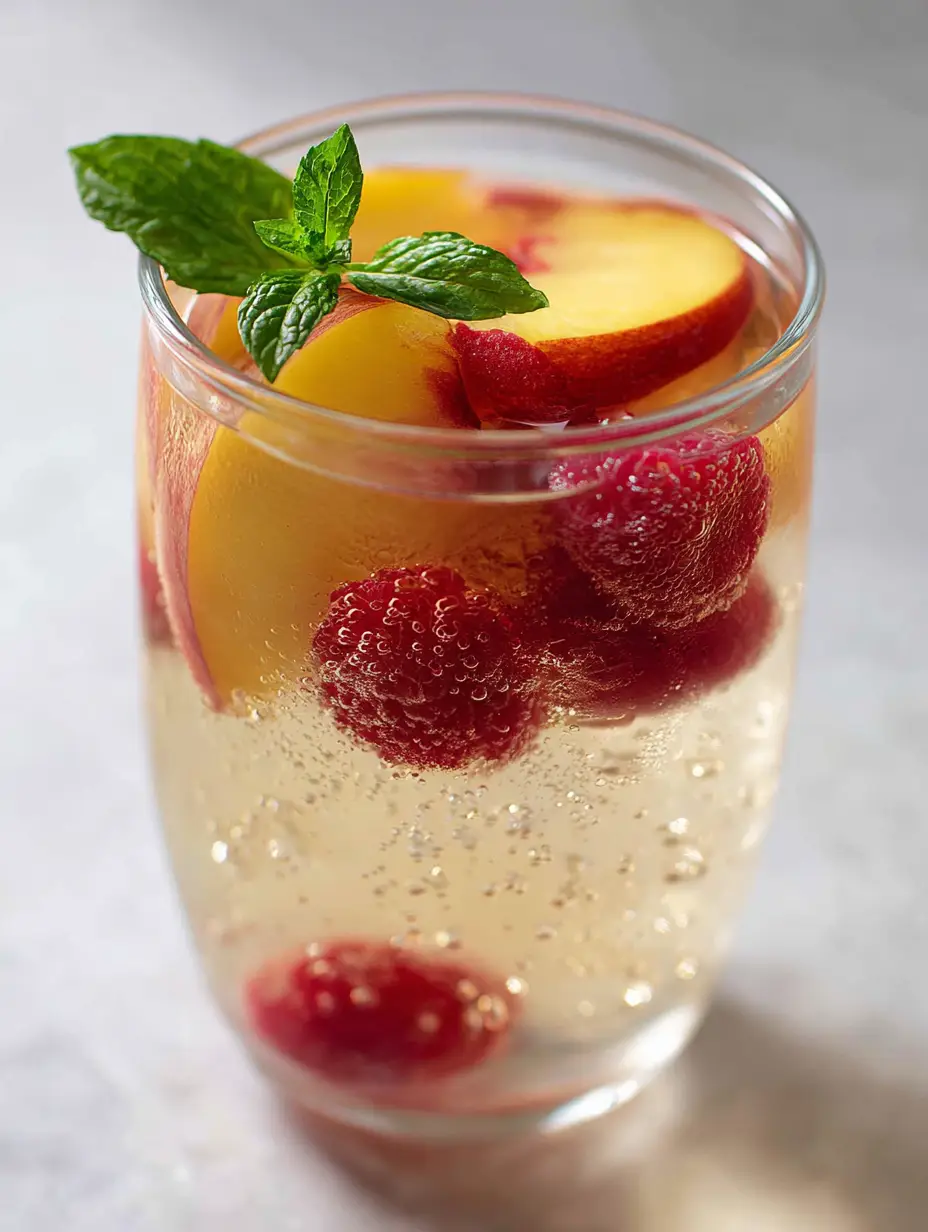 Close-up of a pale golden Peach Moscato Sangria with condensation and angular ice cubes. (Peach Moscato Sangria)