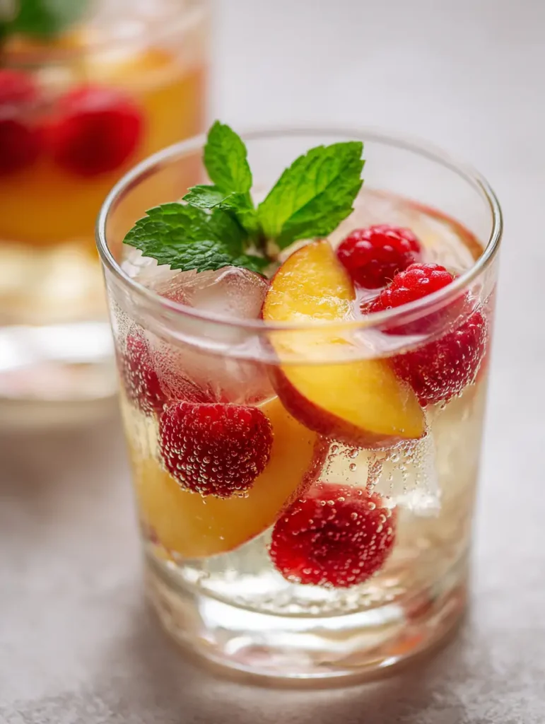 A handheld smartphone photo of a fresh Peach Moscato Sangria with mint garnish.