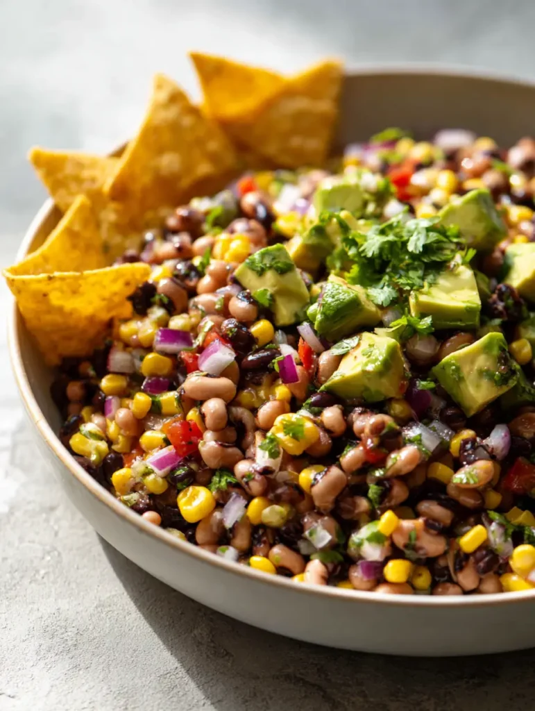 Cowboy Caviar Recipe: The Ultimate Vibrant & Healthy Party Dip 1 High-angle shot of Cowboy Caviar in a white ceramic bowl with avocado and cilantro garnish.