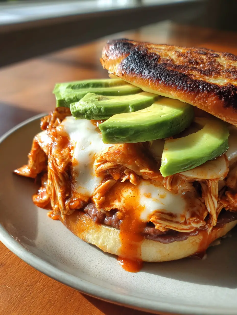 Close-up of a Chipotle Chicken Torta showing glossy red chicken and thick melted cheese on a toasted roll.