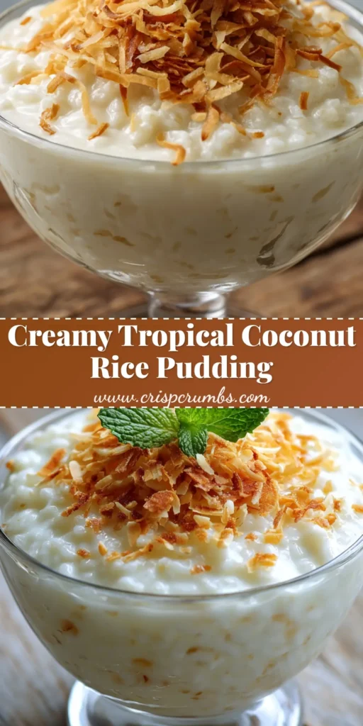 Coconut Rice Pudding Recipe: A Rich and Creamy Tropical Escape 4 A clear glass bowl featuring our Coconut Rice Pudding Recipe topped with golden-brown toasted coconut and a mint sprig.