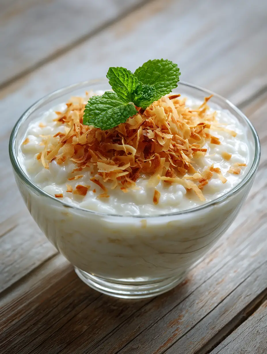Coconut Rice Pudding Recipe: A Rich and Creamy Tropical Escape 3 A close-up of a Coconut Rice Pudding Recipe showing soft grains in a rich coconut milk base in a glass bowl. (Coconut Rice Pudding Recipe)