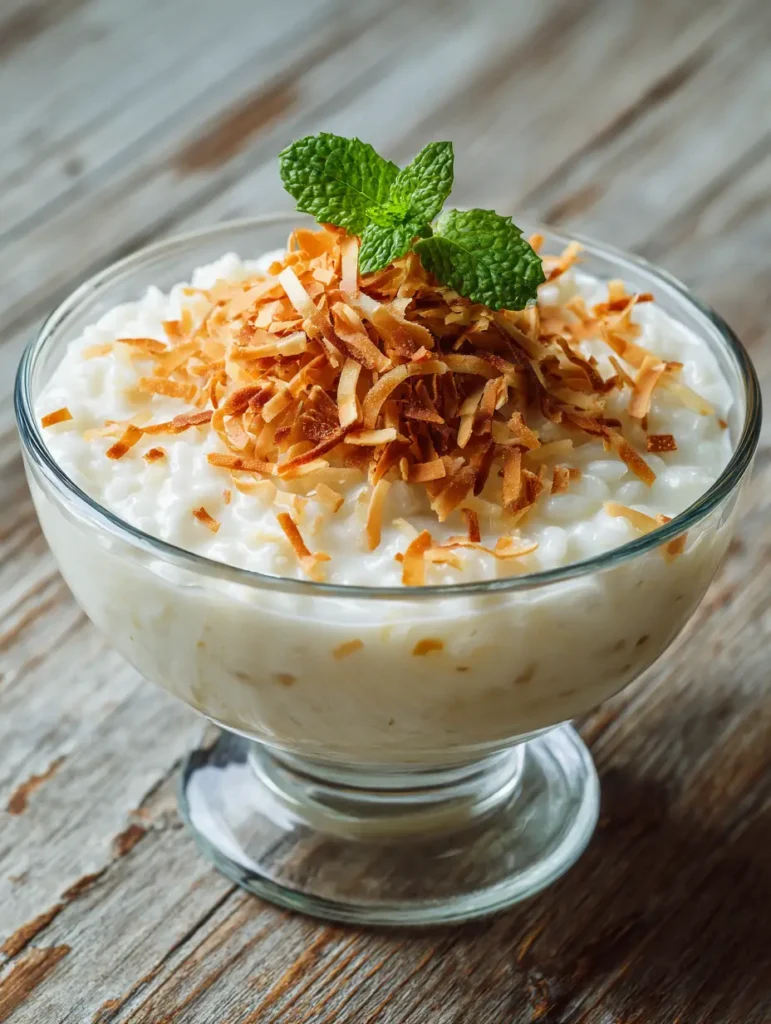 Coconut Rice Pudding Recipe: A Rich and Creamy Tropical Escape 1 A clear glass bowl of Coconut Rice Pudding Recipe on a rustic wood surface with a pile of toasted coconut.