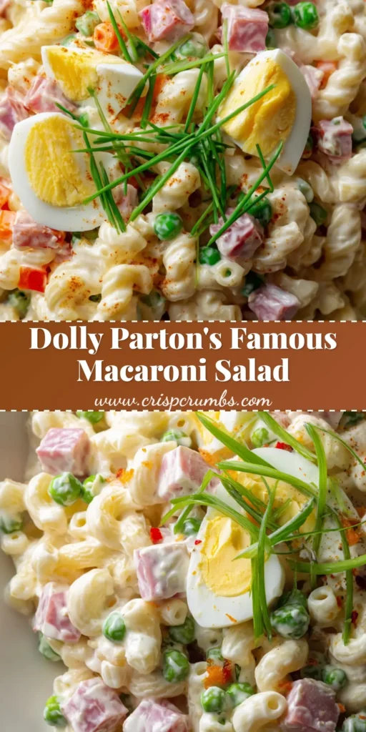 A top-down view of a white ceramic bowl filled with Dolly Parton Macaroni Salad, featuring creamy dressing, pink ham, and green peas.