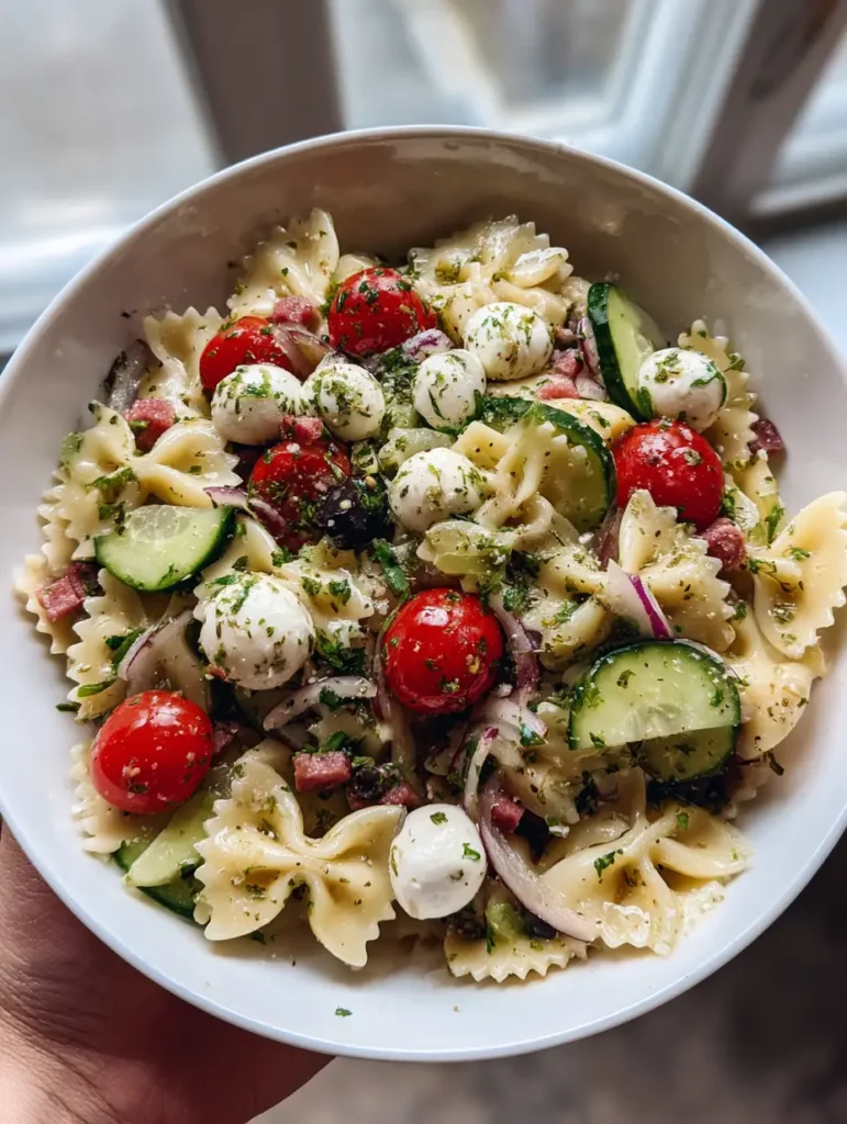 Close up of Italian Pasta Salad featuring cubed salami, mozzarella pearls, and sliced cucumbers.