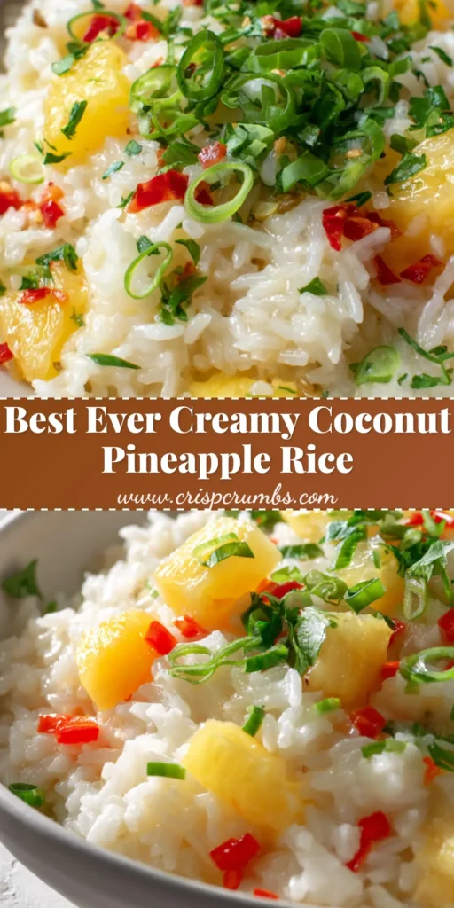 A shallow white bowl of glistening Coconut Pineapple Rice with thick coconut milk, vibrant yellow pineapple chunks, red peppers, and green scallion garnish.
