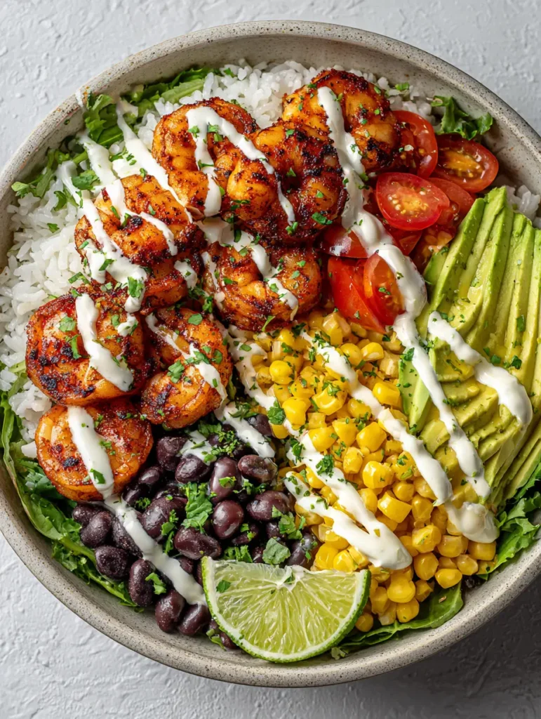 A complete Grilled Shrimp Bowl showing sections of black beans, cherry tomatoes, and fire-roasted corn with a crema zig-zag.