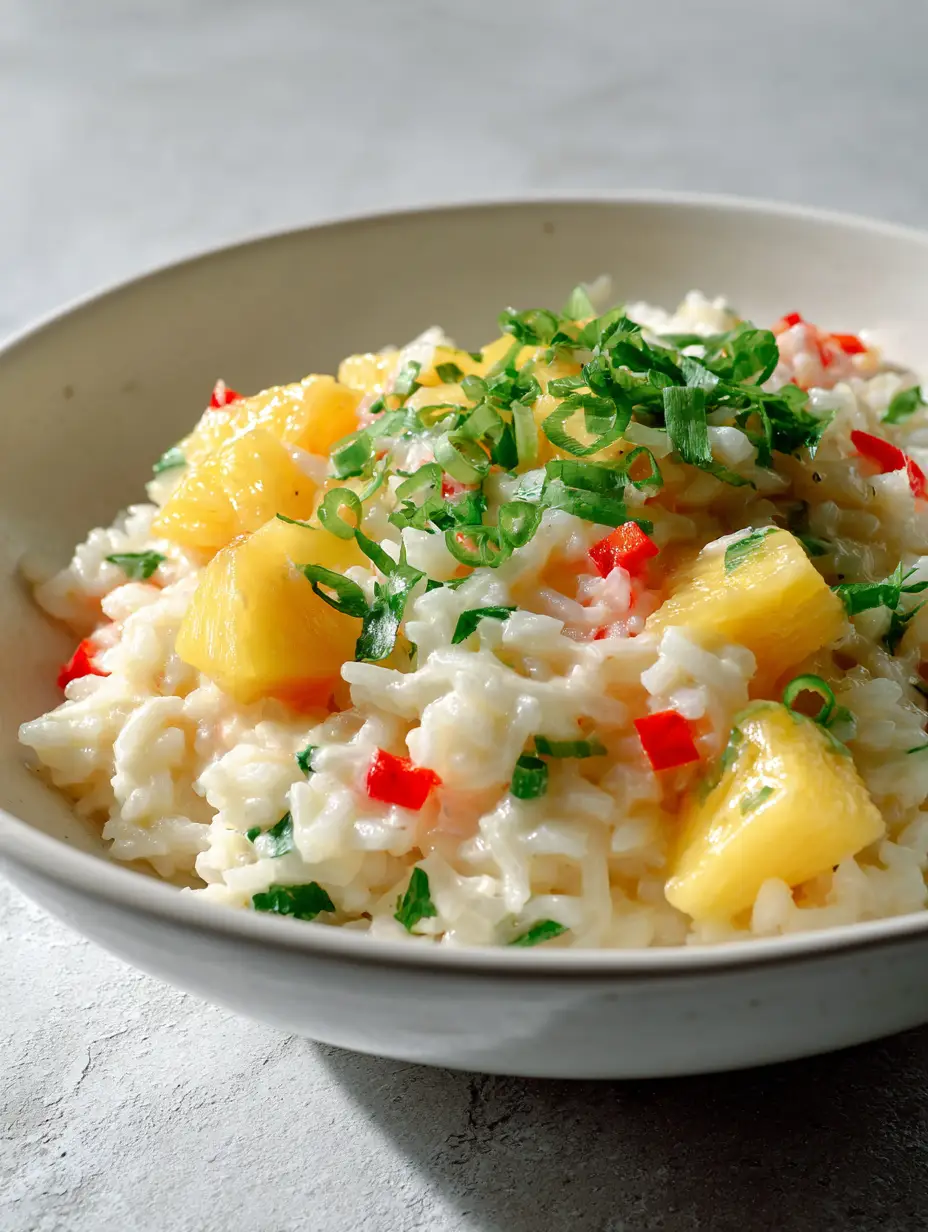Close-up of moist jasmine rice saturated in white coconut milk with chunks of pineapple and red pepper. (Coconut Pineapple Rice)