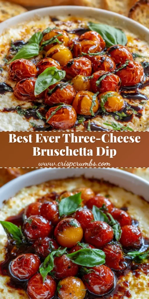 A close-up shot of Three-Cheese Tomato Bruschetta Dip in a white dish with blistered tomatoes and balsamic glaze.