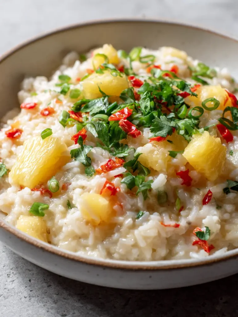 Overhead view of Coconut Pineapple Rice in a white bowl showing the heavy garnish of cilantro and scallions.
