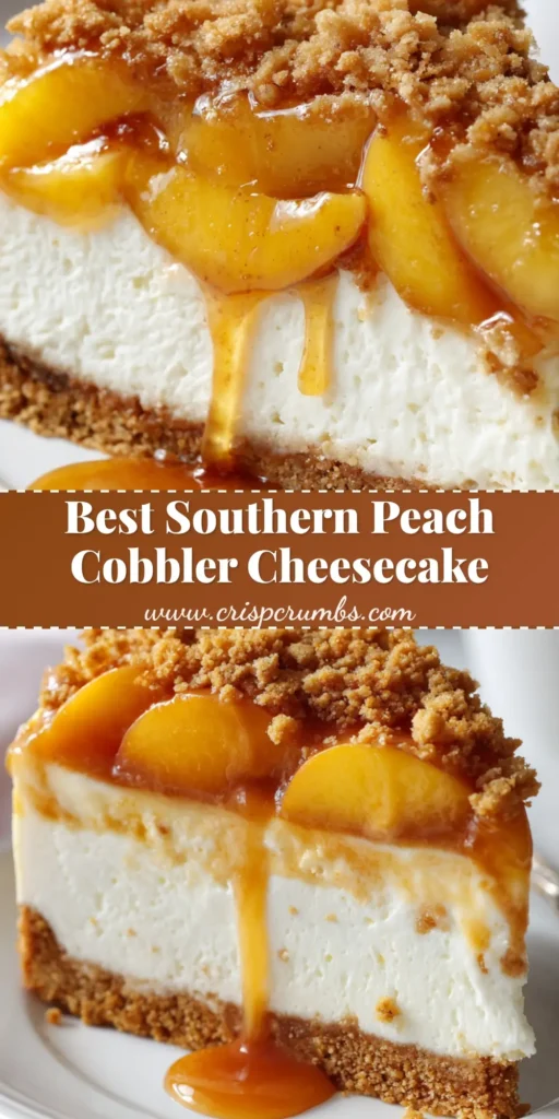 Peach Cobbler Cheesecake: The Ultimate Tall, Creamy Baked Dessert Fusion 4 A close-up vertical shot of a slice of Peach Cobbler Cheesecake with a thick graham cracker crust, amber peach syrup, and golden toasted crumble.