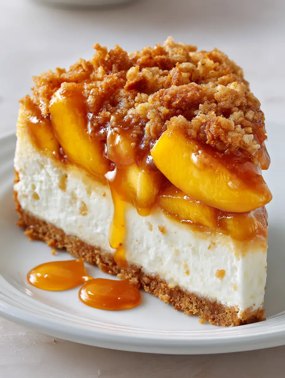Peach Cobbler Cheesecake: The Ultimate Tall, Creamy Baked Dessert Fusion 3 A slice of peach cobbler cheesecake on a white plate showing the tall, creamy cheesecake layer and translucent amber cinnamon syrup.