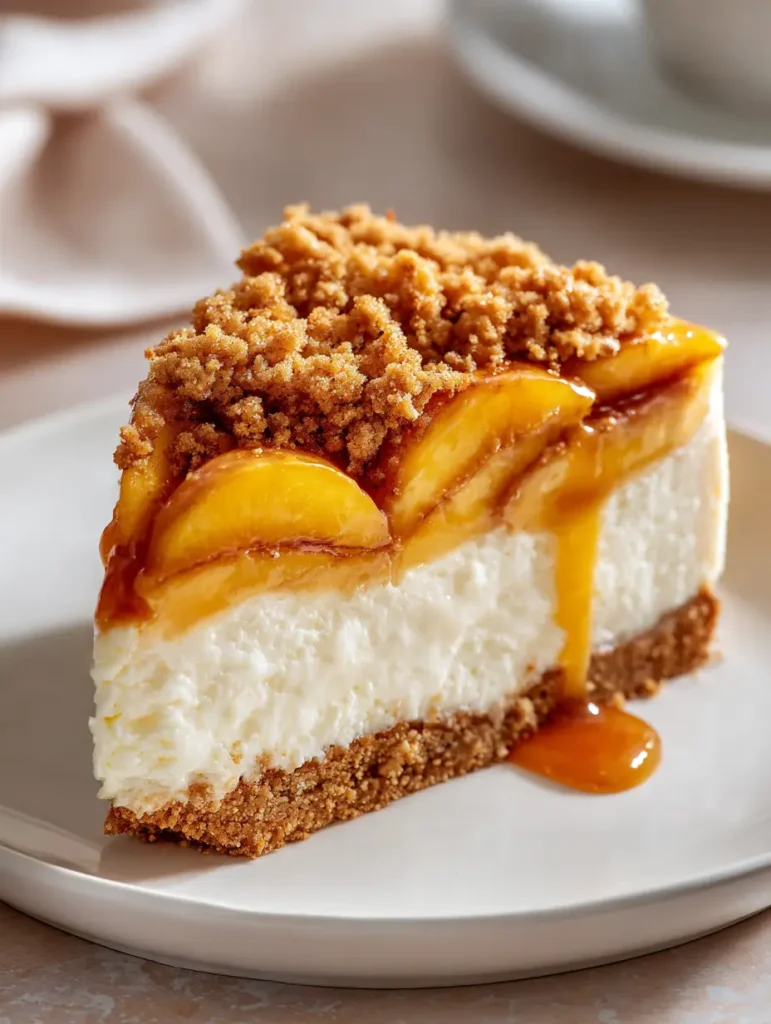 Peach Cobbler Cheesecake: The Ultimate Tall, Creamy Baked Dessert Fusion 1 Top view of Peach Cobbler Cheesecake highlighting the heavy coating of rustic golden-brown toasted butter crumble.