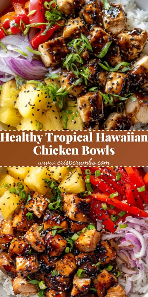 A vibrant Hawaiian Chicken Bowl featuring charred teriyaki chicken cubes, fresh yellow pineapple, and red peppers over jasmine rice. (Hawaiian Chicken Bowl)
