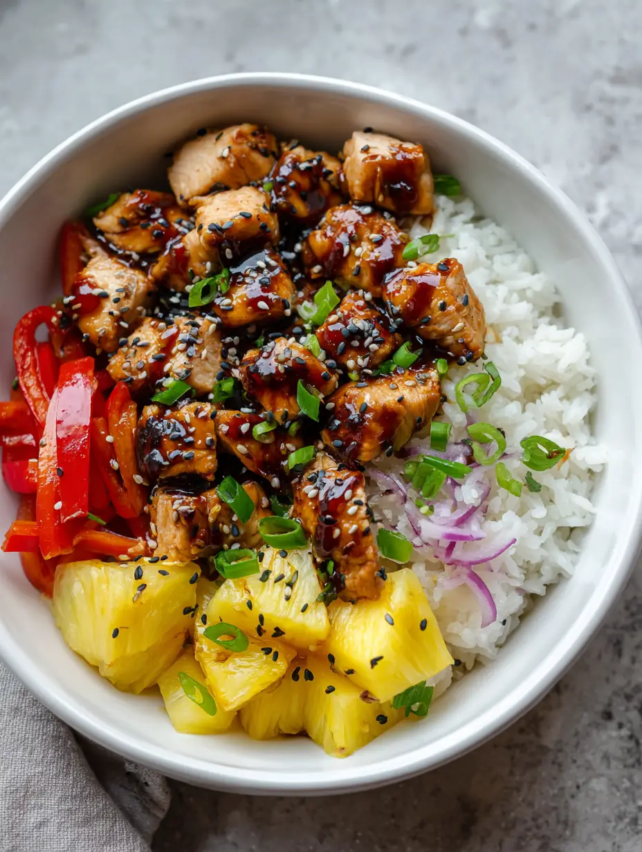 Top-down view of a white ceramic bowl containing a Hawaiian Chicken Bowl with glossy teriyaki chicken and fresh produce.