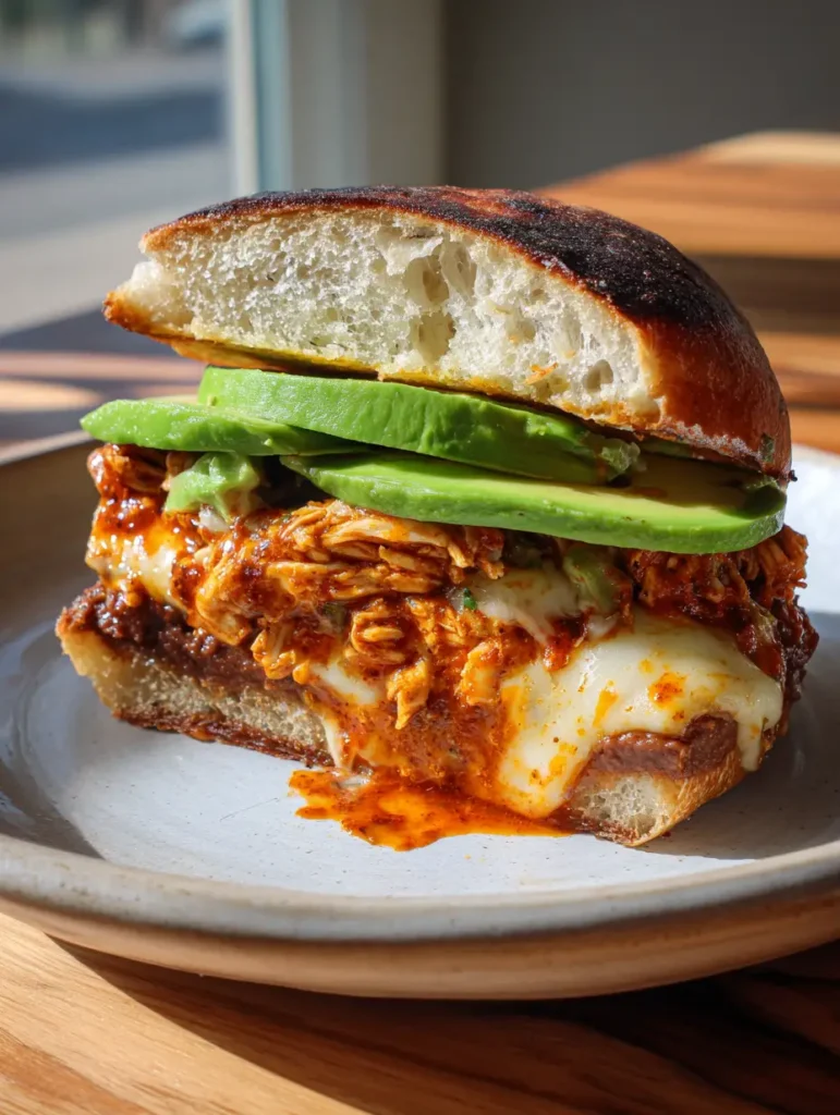 Handheld photo of a Mexican torta with refried beans, avocado, and toasted bolillo bread.