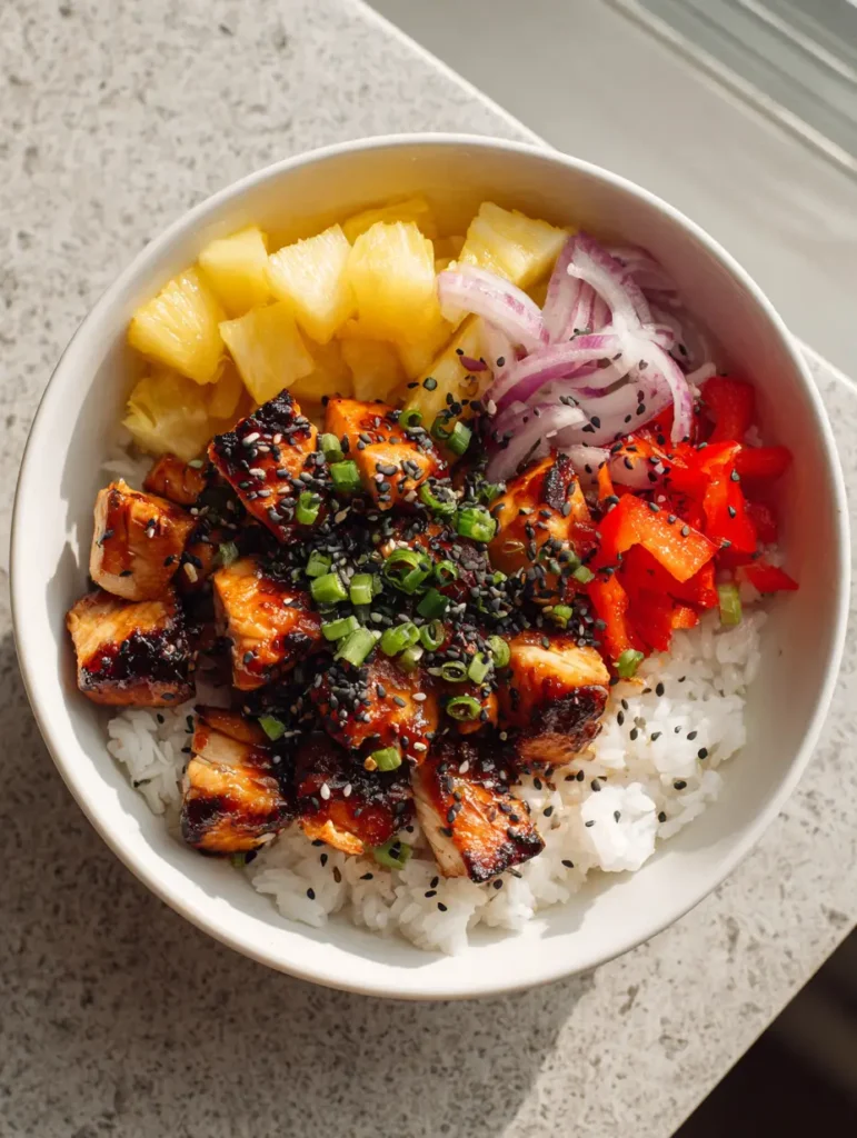 Close up of glossy teriyaki chicken with charred grill marks in a Hawaiian Chicken Bowl garnished with black sesame seeds.