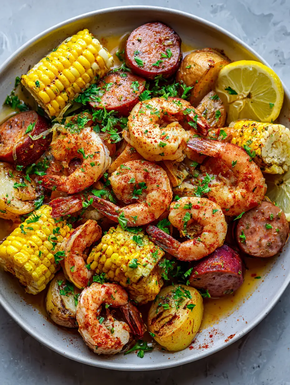 Top-down smartphone photo of a vibrant Shrimp Boil Recipe with pink curled shrimp, browned sausage, and yellow corn segments.