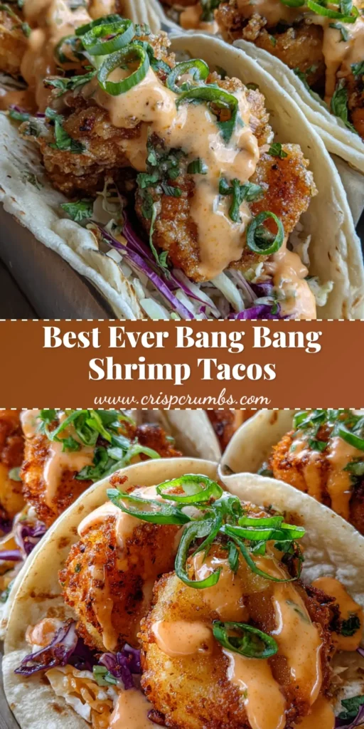Bang Bang Shrimp Tacos with Crispy Panko and Zesty Slaw 4 Three Bang Bang Shrimp Tacos in a metal holder on a wooden table, featuring crispy breaded shrimp and creamy orange sauce.