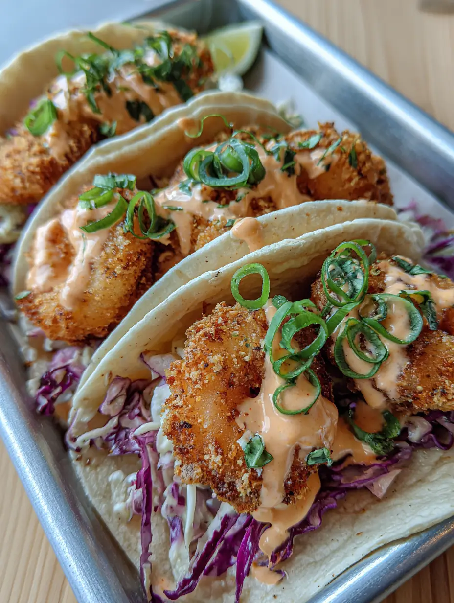 Bang Bang Shrimp Tacos with Crispy Panko and Zesty Slaw 3 A close-up of handheld Bang Bang Shrimp Tacos showing the craggy golden-brown fried texture of the shrimp and glossy sauce.