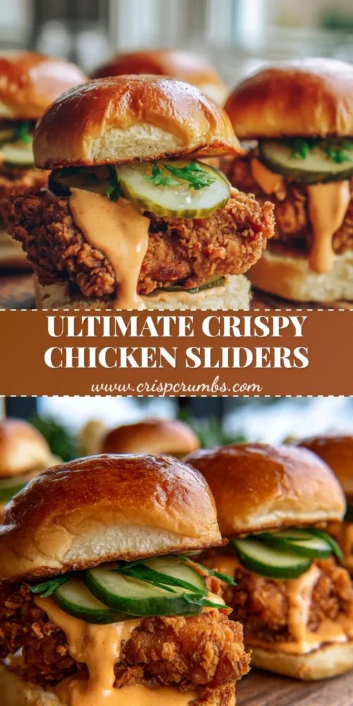 Three Crispy Fried Chicken Sliders on a rustic wooden board with deep golden-brown craggy chicken, crinkle-cut pickles, and spicy mayo sauce.