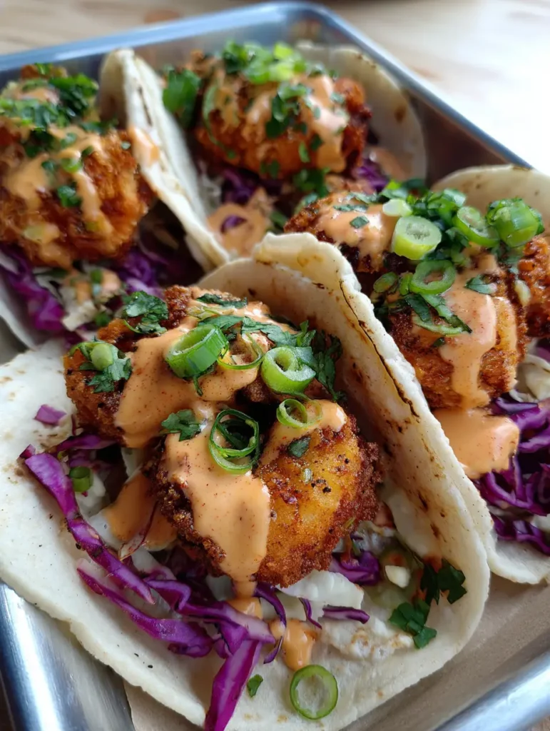 Bang Bang Shrimp Tacos with Crispy Panko and Zesty Slaw 1 Three street tacos arranged in a silver metal holder with vibrant purple cabbage and green scallion garnishes.