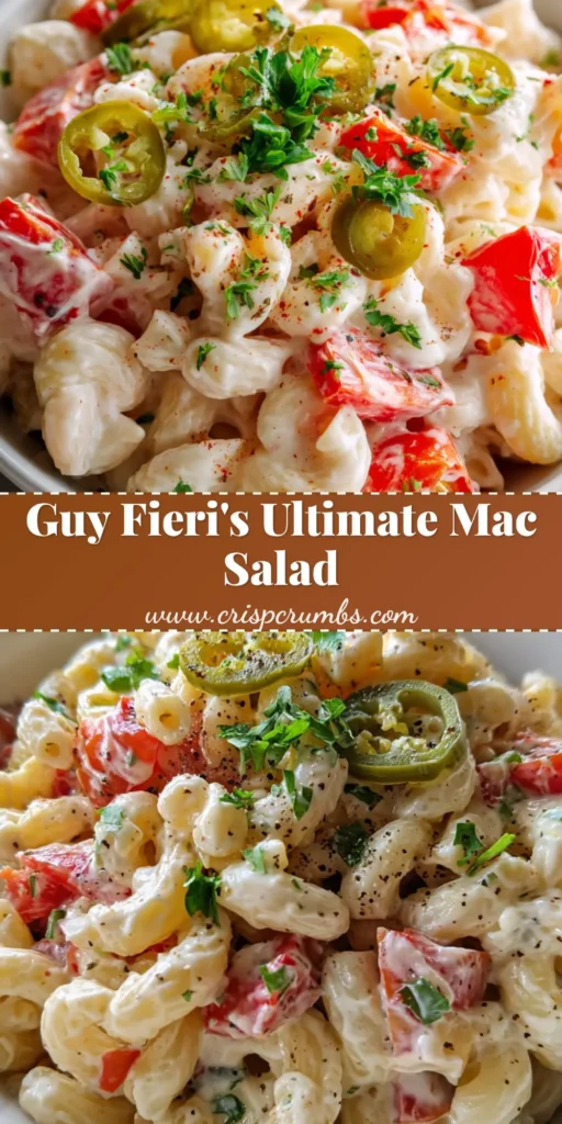 Mac-Daddi-Roni Salad: The Ultimate Creamy and Zesty Pasta Side 4 A close-up of a white ceramic bowl overflowing with Mac-Daddi-Roni Salad, showcasing the creamy dressing and vibrant red peppers.