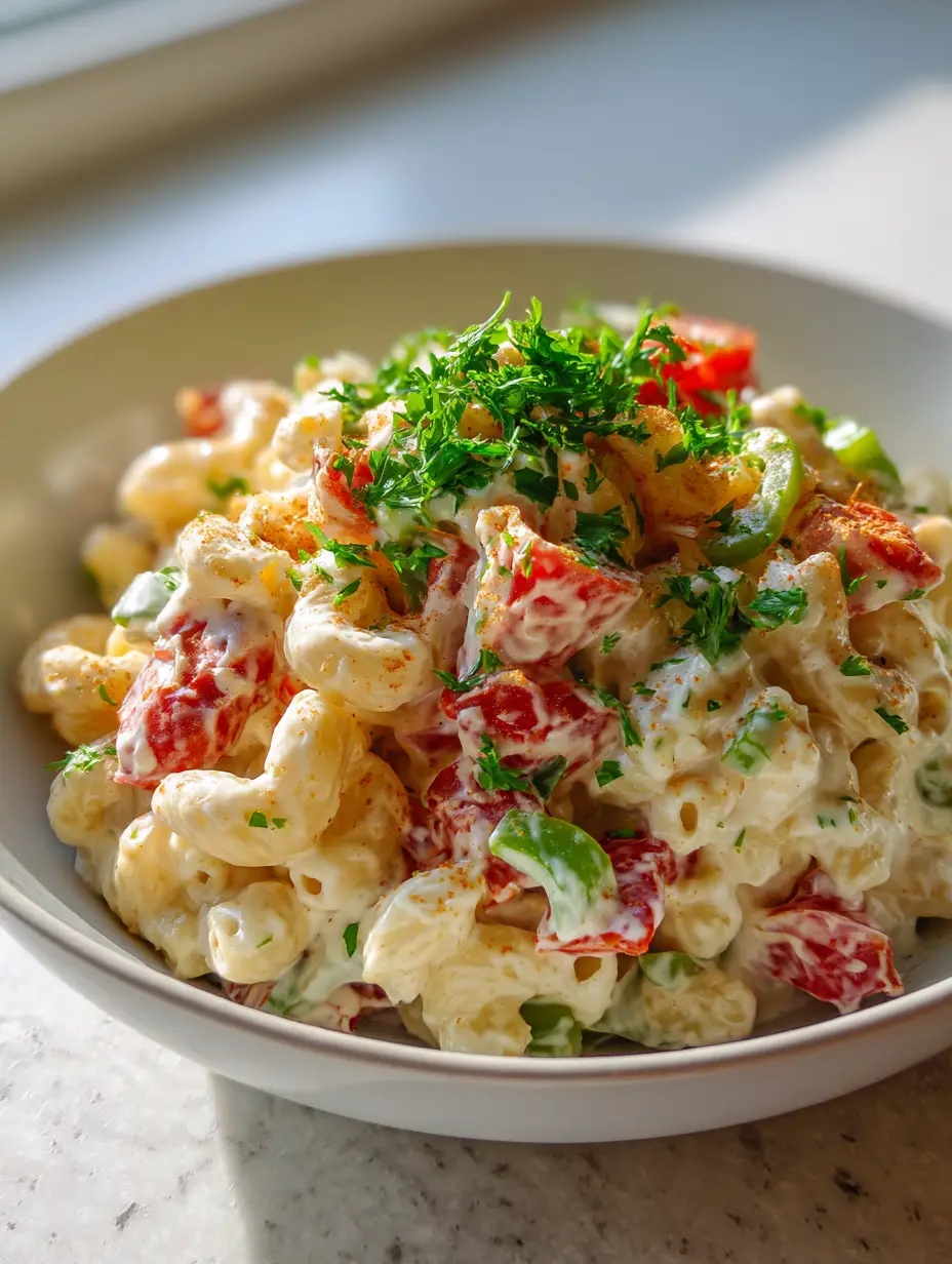 Mac-Daddi-Roni Salad: The Ultimate Creamy and Zesty Pasta Side 3 Overhead view of Mac-Daddi-Roni Salad in a white bowl showing translucent pepperoncini and cracked black pepper.