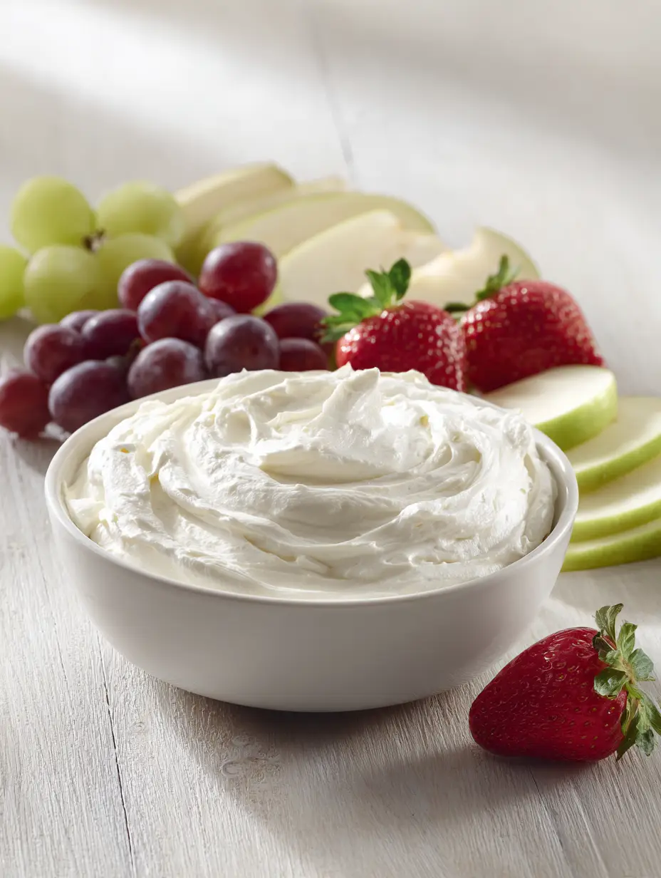 Close-up of Marshmallow Cream Cheese Fruit Dip in a white bowl with soft peaks and fresh strawberries. (Marshmallow Cream Cheese Fruit Dip)