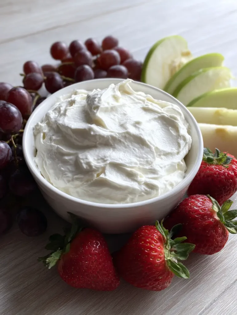 Overhead view of a Marshmallow Cream Cheese Fruit Dip platter with sliced green apples and purple grapes.