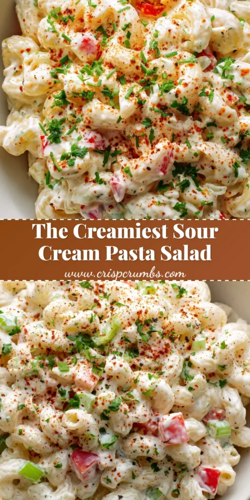 A close-up overhead shot of Sour Cream Pasta Salad in a white bowl, garnished with smoked paprika and parsley. (Sour Cream Pasta Salad)