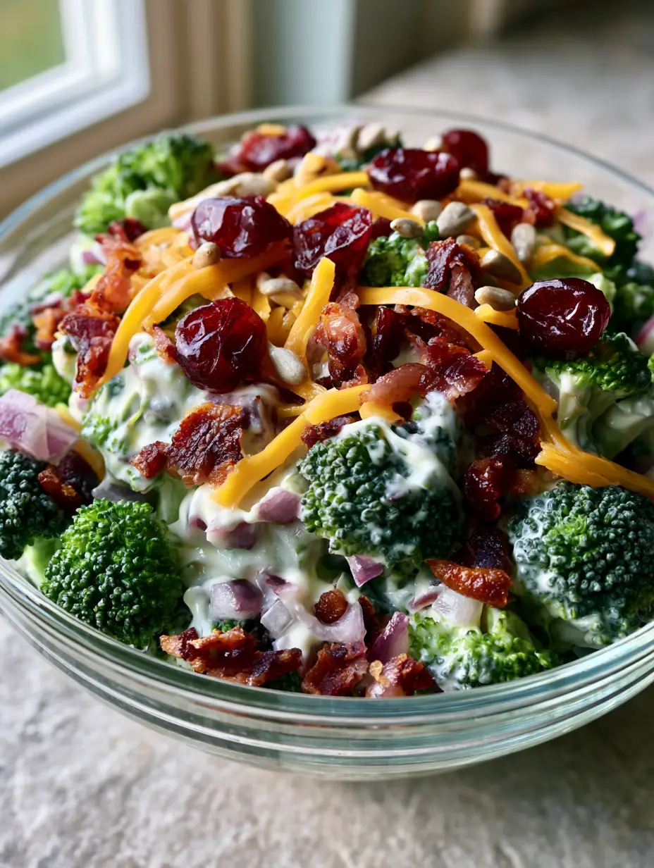 A clear glass bowl filled with Best Classic Broccoli Salad, featuring dark green florets and thick creamy dressing. (Best Classic Broccoli Salad)