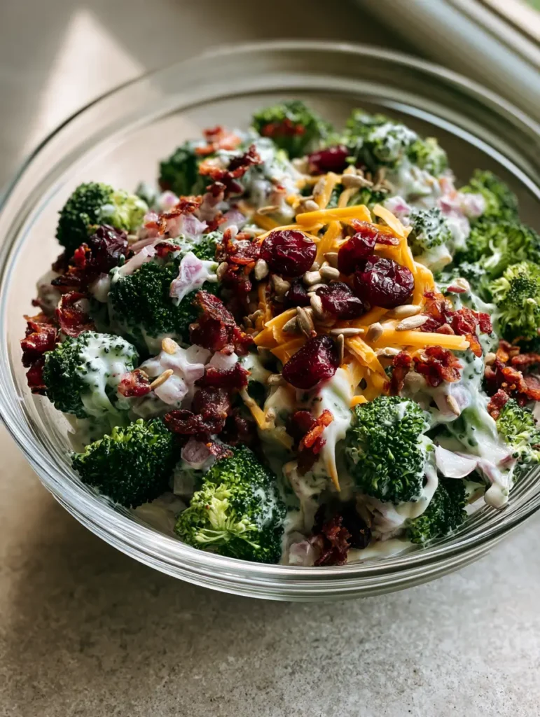 Close up shot of Best Classic Broccoli Salad showing the glossy dressing and toasted sunflower seeds.