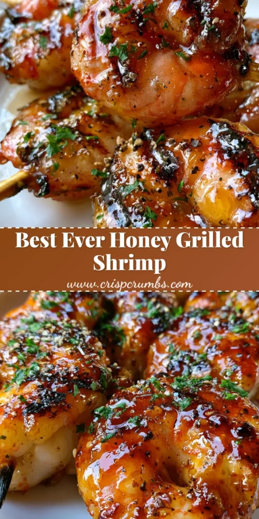 Three wooden skewers of jumbo shrimp with a thick glossy amber honey glaze and charred grill marks on a white plate. (Honey Grilled Shrimp Recipe)