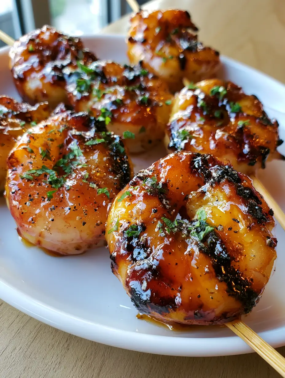 Close-up of jumbo shrimp skewers with dark charred grill marks and cracked black pepper. (Honey Grilled Shrimp Recipe)