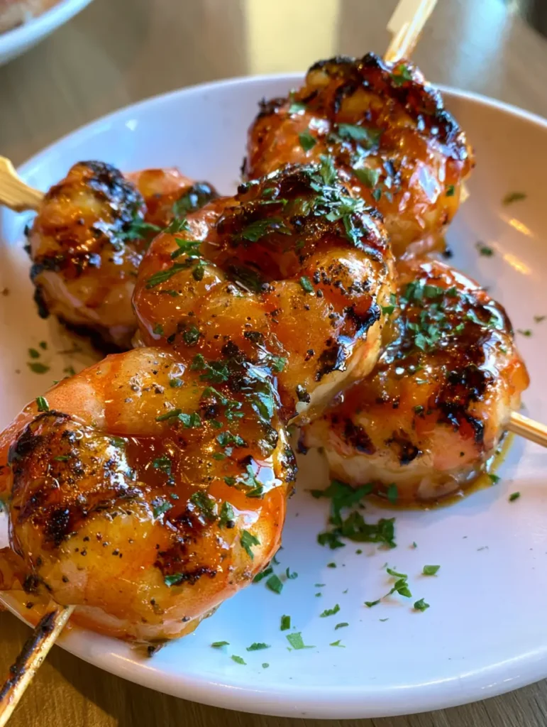 Overhead view of honey glazed shrimp skewers on a white plate with fresh parsley garnish.