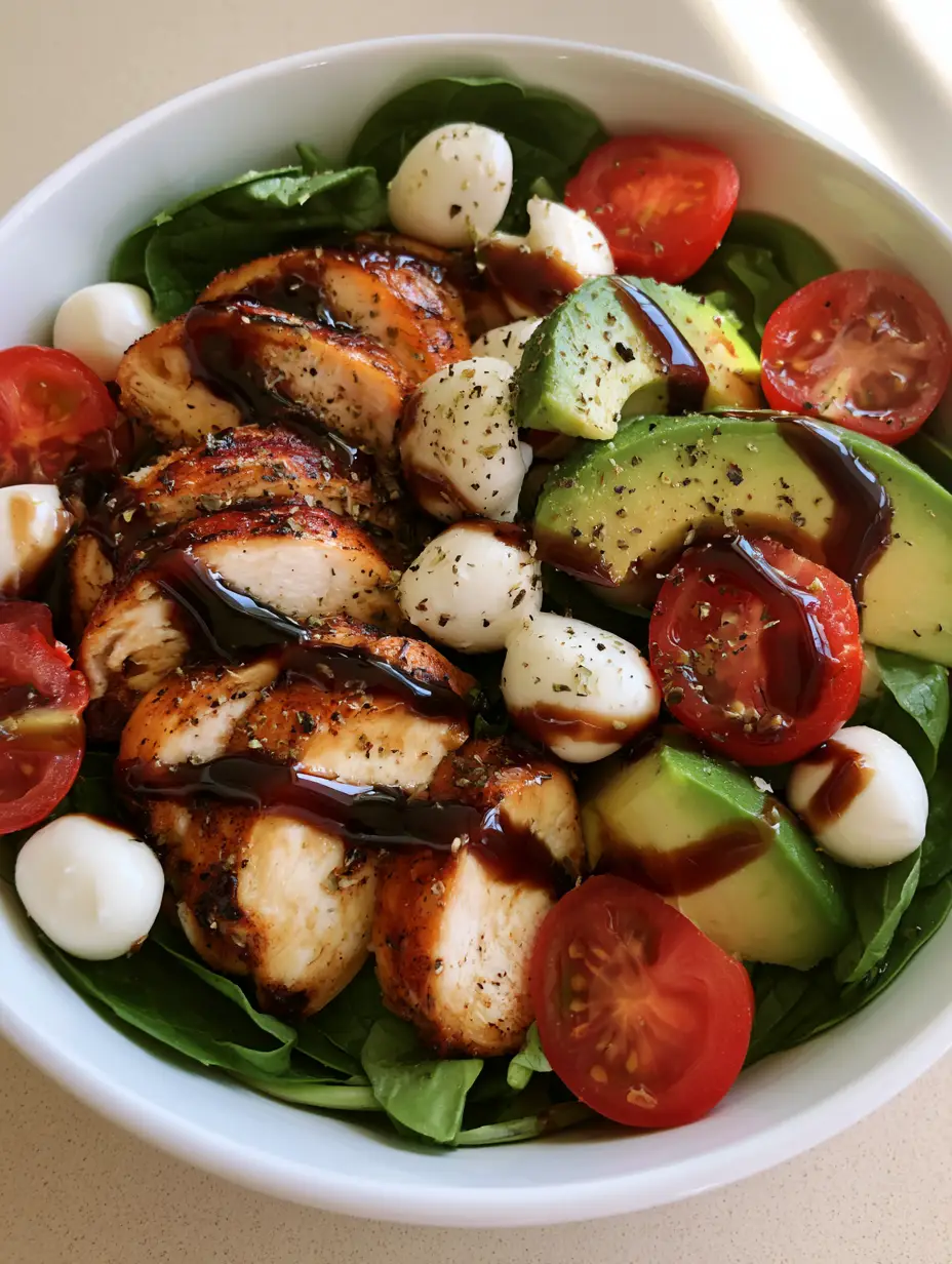 A handheld smartphone photo showing a white bowl filled with Baked Marinated Chicken Salad, spinach, and mozzarella pearls.