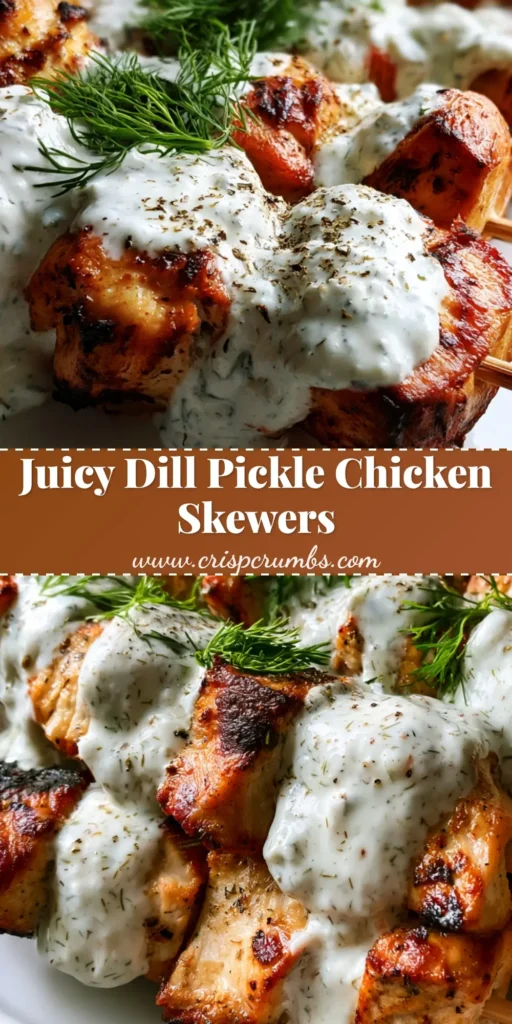 A stack of golden-brown Dill Pickle Chicken Skewers on a white plate, drizzled with creamy dill ranch sauce and garnished with fresh dill sprigs.