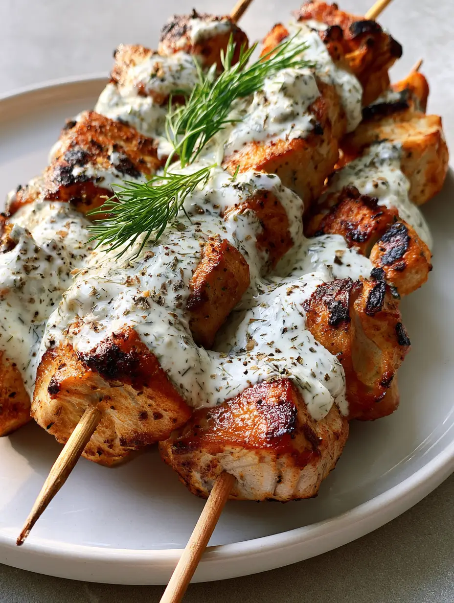 Close-up of air-fried Dill Pickle Chicken Skewers showing charred edges and thick white ranch sauce with dill specks.
