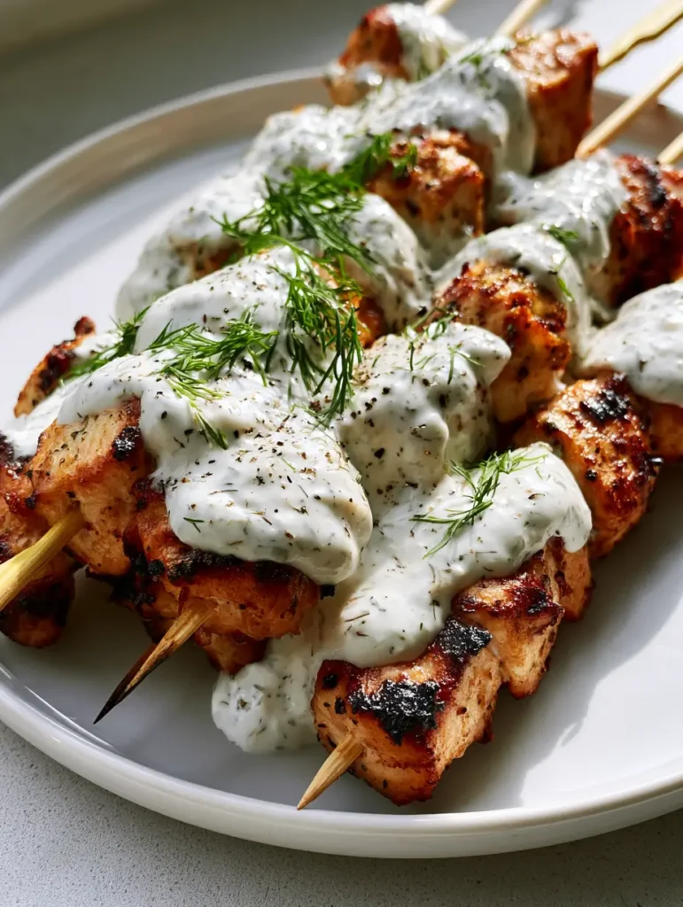 Several wooden skewers of marinated chicken cubes on a white plate with visible cracked black pepper and fresh dill.