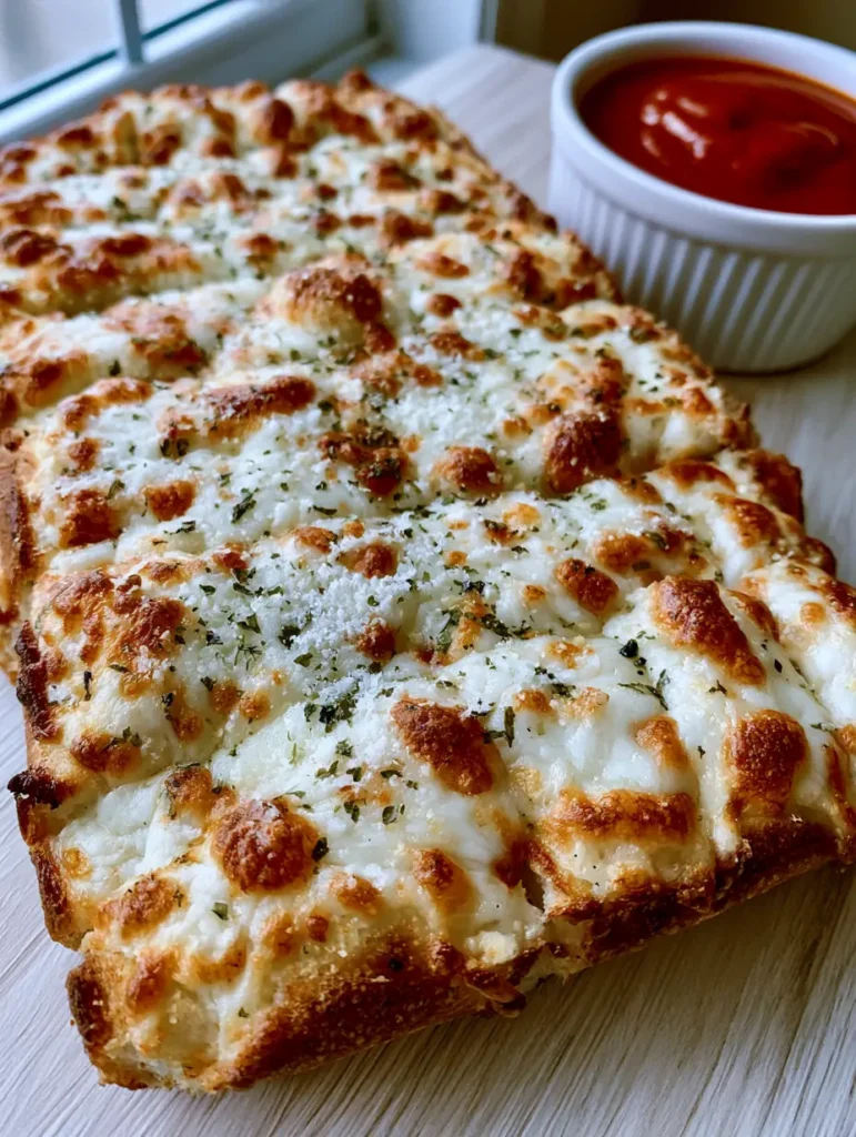 Handheld photo showing a thick-crust cheese stick being lifted from a wood platter beside marinara sauce.