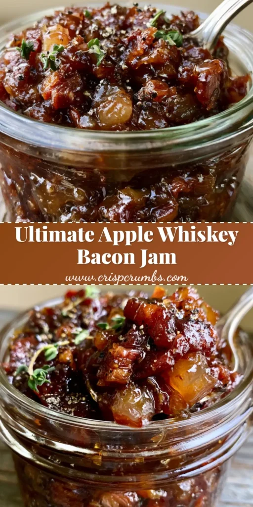 A close-up shot of Apple Whiskey Bacon Jam in a clear glass jar with visible rendered bacon bits and translucent Fuji apple cubes garnished with fresh thyme.