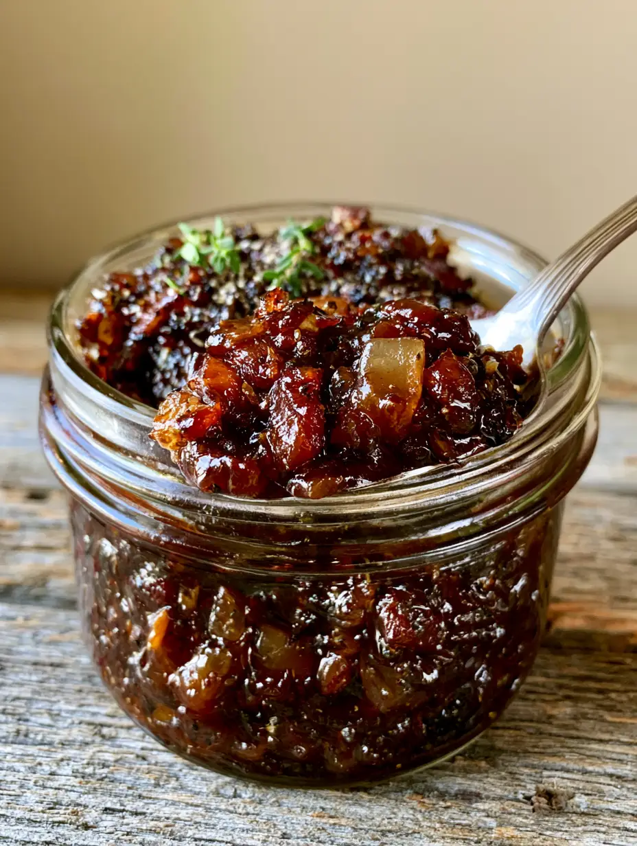 Clear glass mason jar filled with dark mahogany brown Apple Whiskey Bacon Jam on a rustic wood surface.