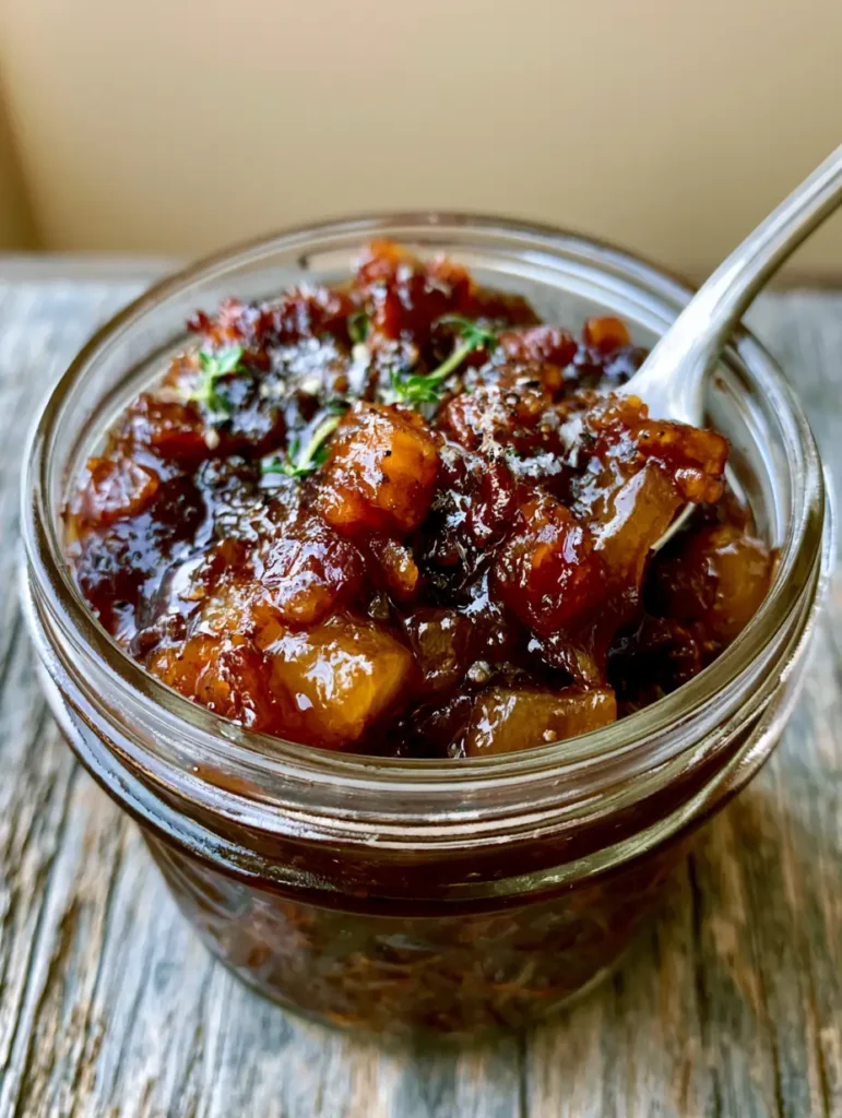 A silver spoon lifting a portion of thick, glossy Apple Whiskey Bacon Jam to show its chunky texture.
