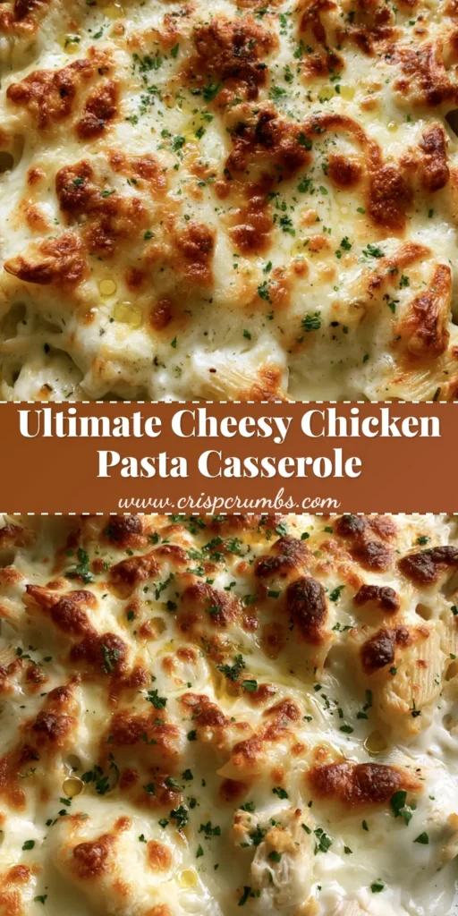 A high-angle shot of a cheesy Chicken Pasta Casserole in a white ceramic dish featuring a bubbling mozzarella and cheddar crust with golden-brown spots.